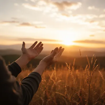 Hands Lifted in Golden Sunset Praise