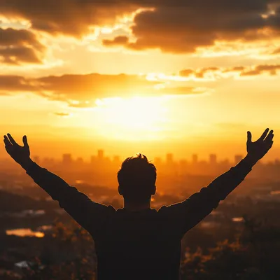 Praise Hands Lifted Toward Golden Sunset