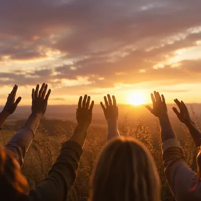 Raised Praise Hands Under Golden Sunset