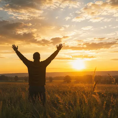 Hands Lifted in Golden Sunset Praise