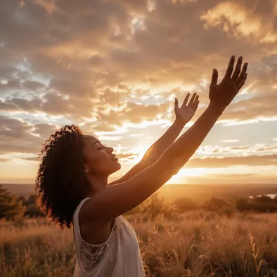 Young Woman with Hands Raised at Sunset