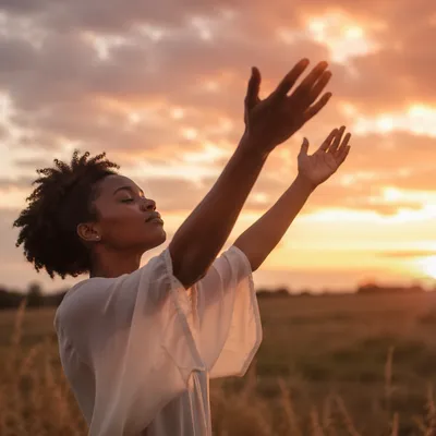 Woman with Raised Hands at Sunset