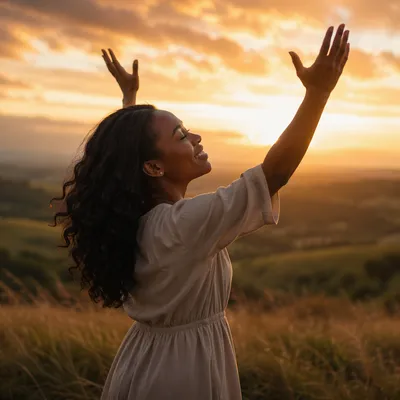 Woman with Raised Hands at Sunset