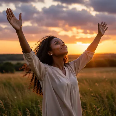 Woman Raising Hands at Sunset Meadow