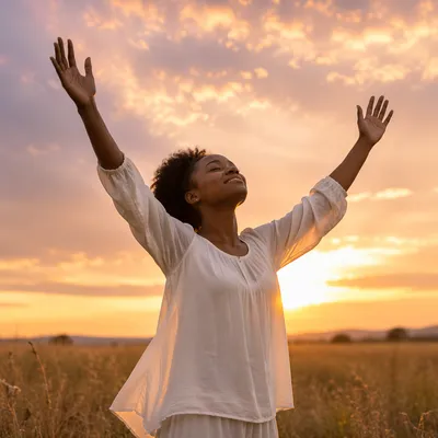 Woman Lifting Hands at Golden Sunset