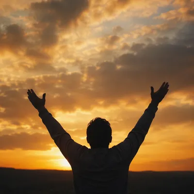 Praise Hands Raised in Golden Sunset