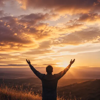 Praise Hands Lifted Toward Golden Sunset