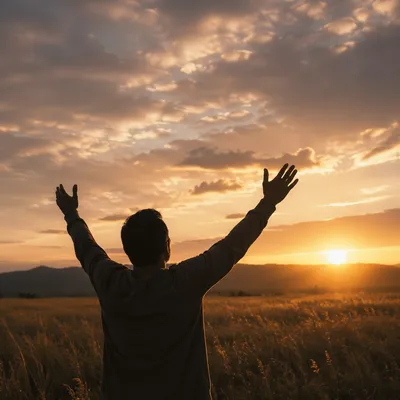 Silhouetted Figure Raising Hands at Sunset