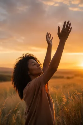 Woman Lifting Hands in Sunset Field