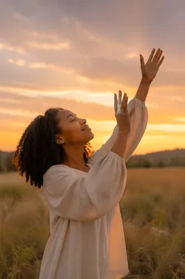 Woman Lifting Hands at Golden Sunset