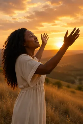 Woman Lifting Hands at Sunset