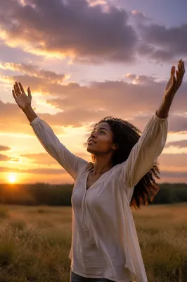 Woman Raising Hands at Sunset Meadow