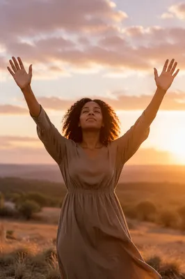 Woman with Raised Hands at Sunset