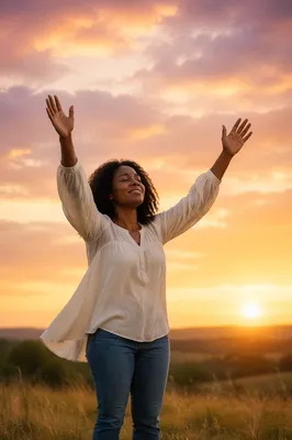 Woman with Raised Hands at Sunset