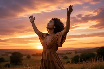 Woman with Raised Hands at Sunset