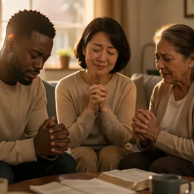 Emotional Prayer Group in Living Room