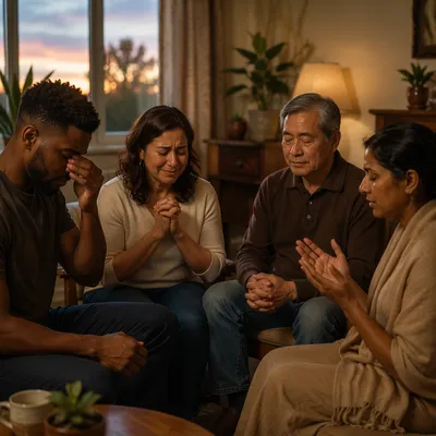 Emotional Prayer Group in Warm Living Room