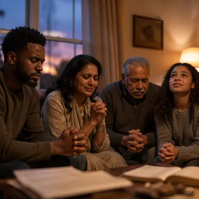 Emotional Prayer Group in Living Room