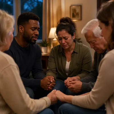 Emotional Prayer Group in Living Room