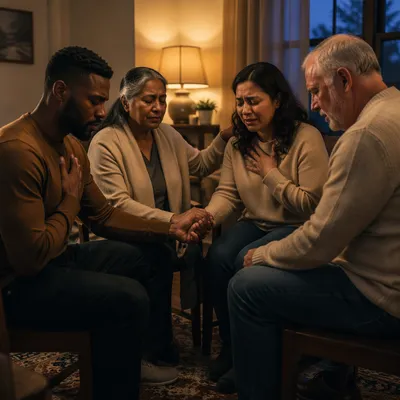 Emotional Prayer Group in Living Room