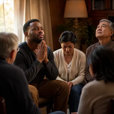 Emotional Prayer Group in Living Room