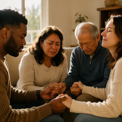 Emotional Prayer Group in Sunlit Living Room
