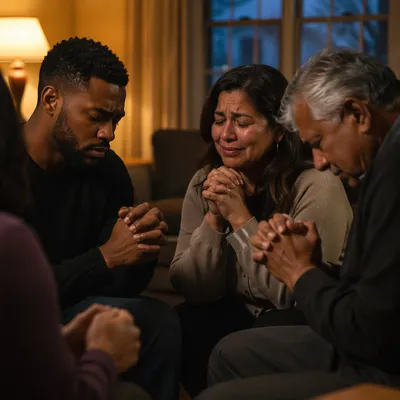 Emotional Prayer Group in Living Room