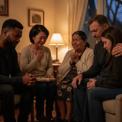 Emotional Prayer Group in Living Room