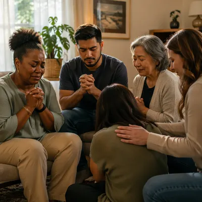 Emotional Prayer Group in Sunlit Living Room