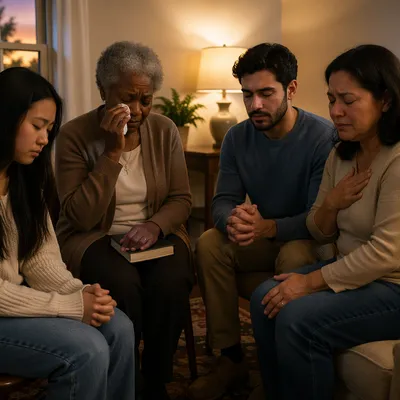 Emotional Prayer Group in Living Room