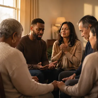 Emotional Prayer Group in Warm Living Room