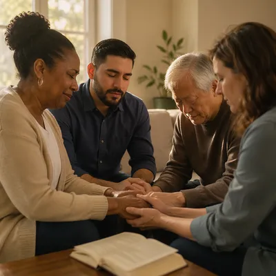Emotional Prayer Group in Living Room