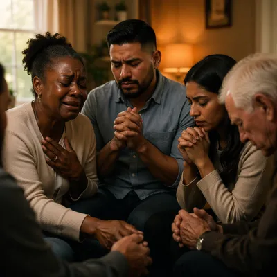 Emotional Prayer Group in Warm Living Room