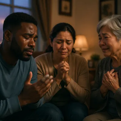 Emotional Prayer Group in Cozy Living Room