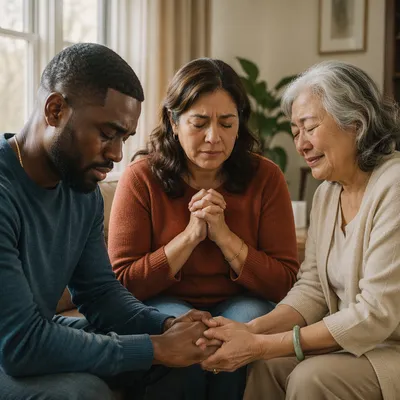 Emotional Prayer Group in Sunlit Living Room