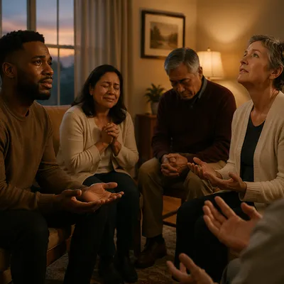 Emotional Prayer Group in Living Room
