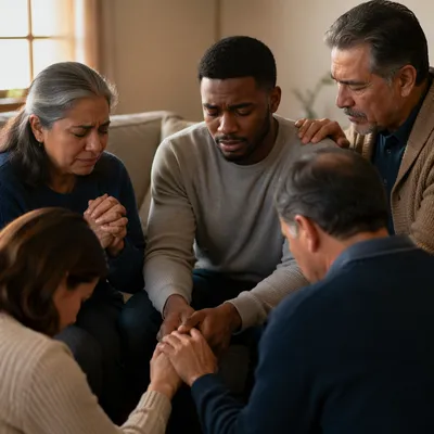Emotional Prayer Group in Living Room