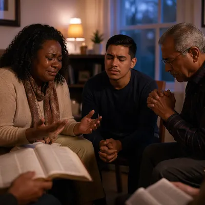 Emotional Prayer Group in Living Room