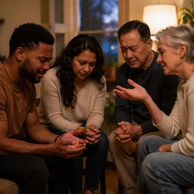 Emotional Prayer Group in Living Room