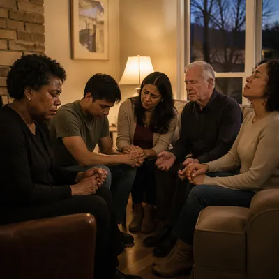 Emotional Prayer Group in Living Room