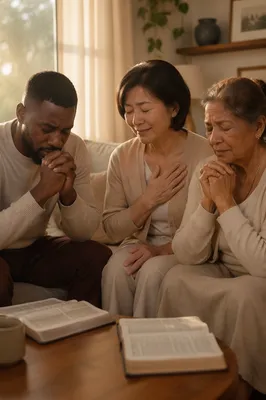 Emotional Prayer Group in Living Room