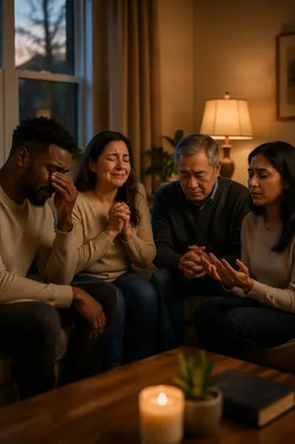 Emotional Prayer Group in Warm Living Room