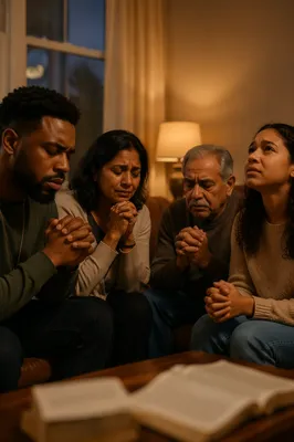 Emotional Prayer Group in Living Room