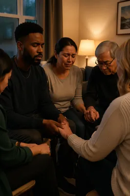 Emotional Prayer Group in Living Room