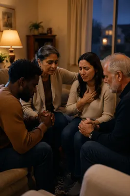 Emotional Multiethnic Prayer Group in Living Room