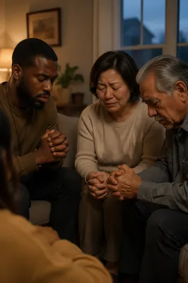 Emotional Multigenerational Prayer Circle in Living Room