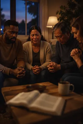 Emotional Prayer Group in Living Room