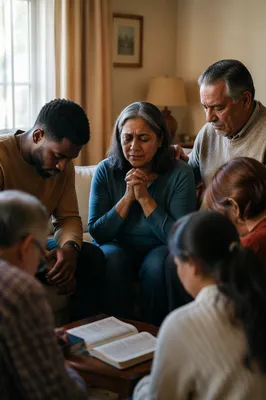 Emotional Prayer Group in Living Room