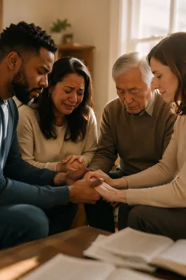 Emotional Prayer Group in Sunlit Living Room