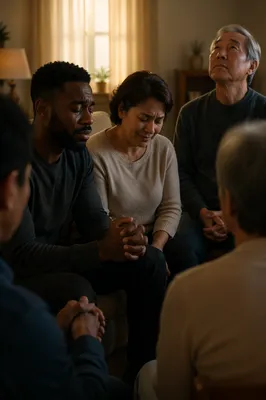 Emotional Prayer Group in Living Room